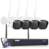 ANNKE 3MP Funk Überwachungskamera Set Aussen 10CH 5MP NVR mit 4 X 3MP WiFi Kameras Videoüberwachungs Set mit 1TB Festplatte unterstützt Audioaufzeichnung, IP66 Wetterfest, kompatibel mit Alexa